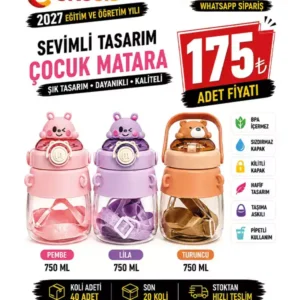 Sevimli Hayvan Figürlü Pipetli Çocuk Matarası 750 ML | Askılı BPA Free Suluk