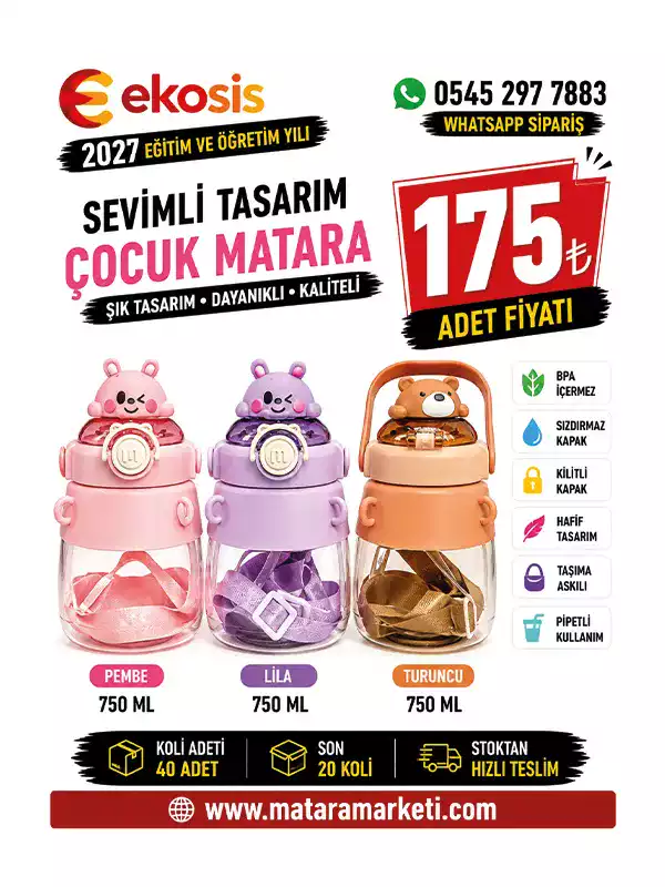 Sevimli Hayvan Figürlü Pipetli Çocuk Matarası 750 ML | Askılı BPA Free Suluk