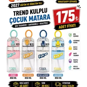 Trend Kulplu Pipetli Çocuk Matarası 850 ML | BPA Free Askılı Suluk