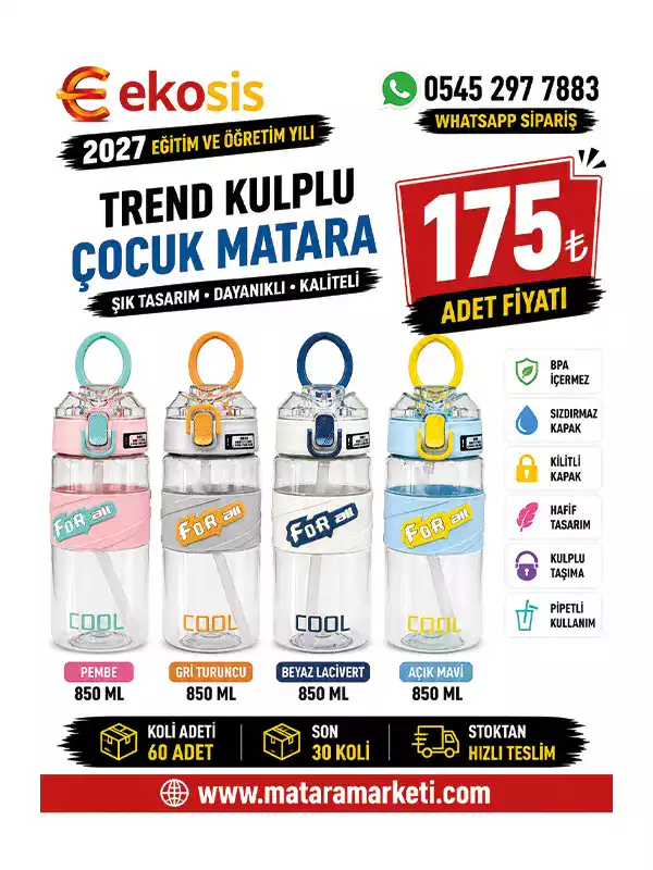 Trend Kulplu Pipetli Çocuk Matarası 850 ML | BPA Free Askılı Suluk