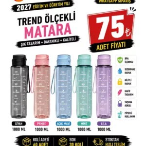Trend Ölçekli Pipetli Spor Matara 1000 ML | Askılı BPA Free Su Şişesi
