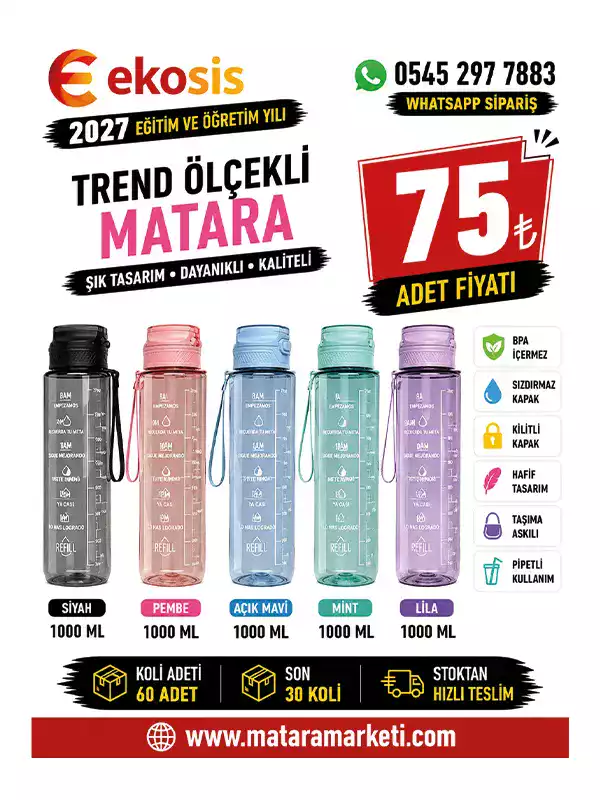 Trend Ölçekli Pipetli Spor Matara 1000 ML | Askılı BPA Free Su Şişesi