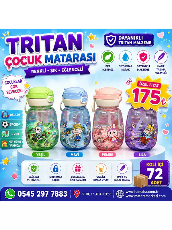 Tritan Çocuk Matarası – Renkli, Sızdırmaz Kapaklı ve Hafif Su Matarası