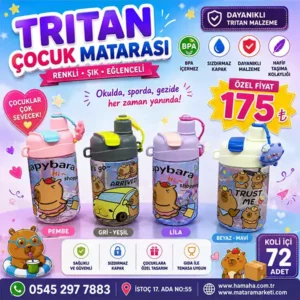 Tritan Çocuk Matarası – Sızdırmaz Kapaklı Ayıcıklı Renkli Su Matarası
