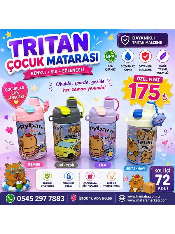 Tritan Çocuk Matarası – Sızdırmaz Kapaklı Ayıcıklı Renkli Su Matarası