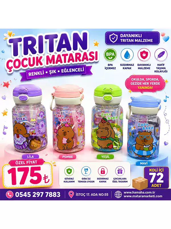 Tritan Çocuk Matarası – Sızdırmaz Kapaklı Ayıcıklı Renkli Su Matarası
