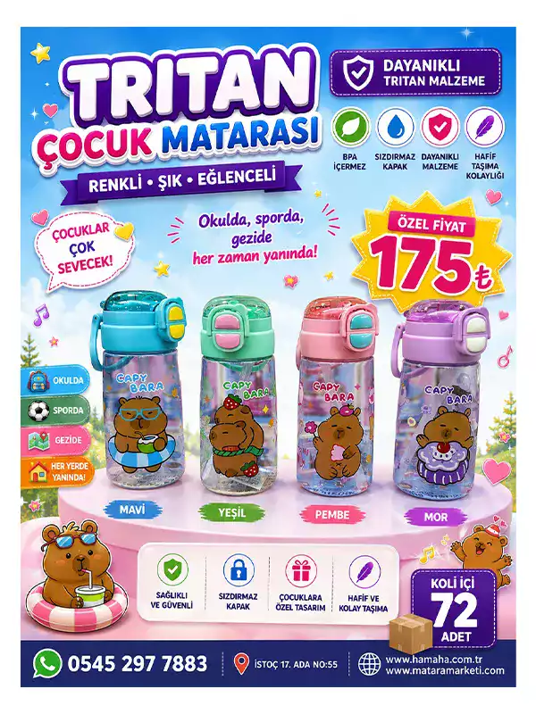 Tritan Çocuk Matarası – Sızdırmaz Kapaklı Renkli Çocuk Su Matarası