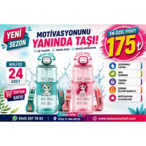 Unicorn Desenli Motivasyon Matarası – Pipetli Askılı Çocuk Su Matarası