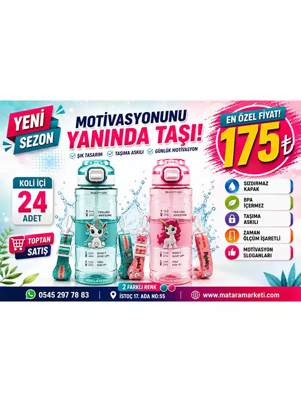 Unicorn Desenli Motivasyon Matarası – Pipetli Askılı Çocuk Su Matarası