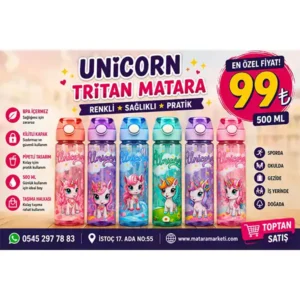 Unicorn Tritan Matara 500 ml – Pipetli, Kilitli Kapaklı ve Renkli Çocuk Matarası