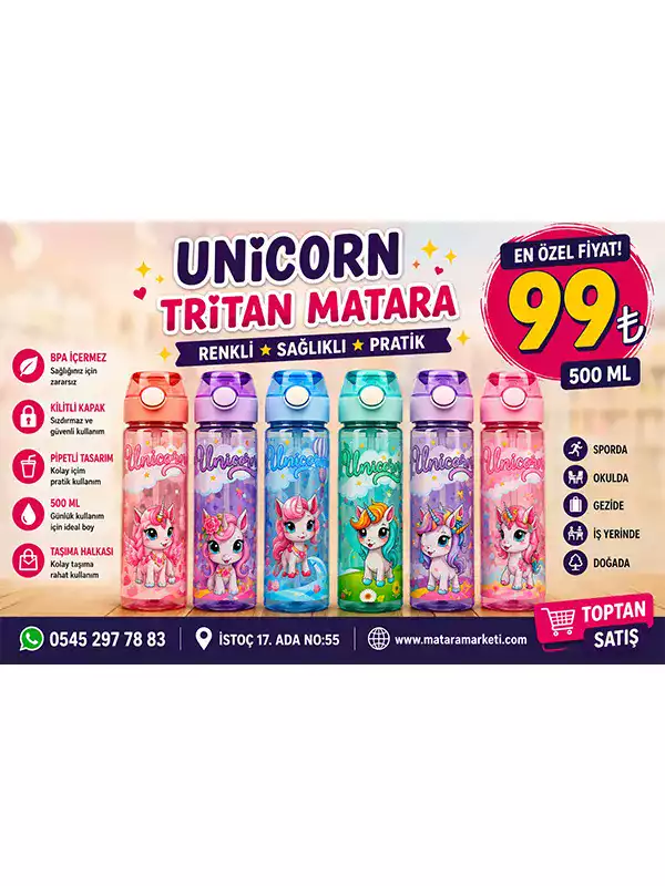Unicorn Tritan Matara 500 ml – Pipetli, Kilitli Kapaklı ve Renkli Çocuk Matarası