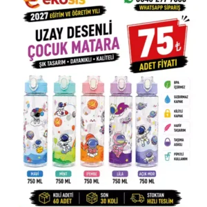 Uzay Desenli Pipetli Çocuk Matarası 750 ML | Askılı BPA Free Suluk