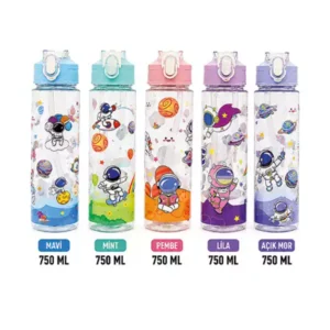 Uzay Desenli Pipetli Çocuk Matarası 750 ML | Askılı BPA Free Suluk