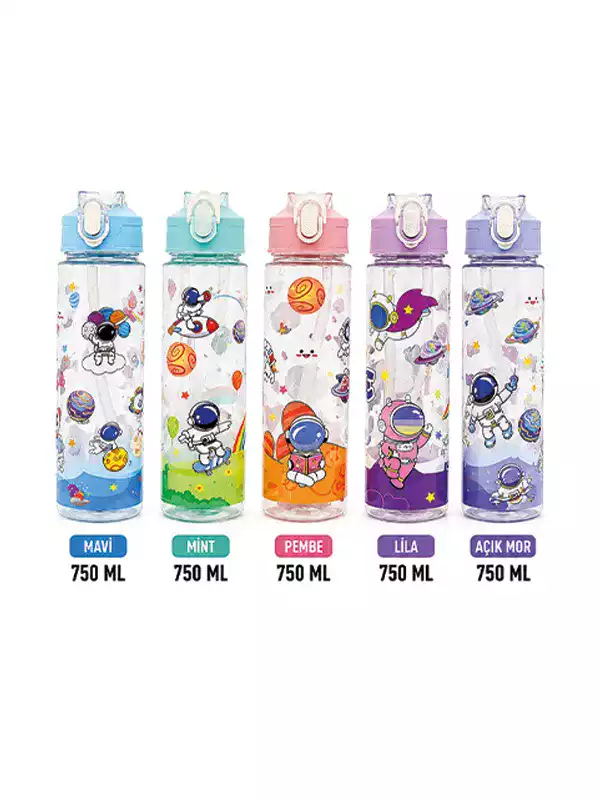 Uzay Desenli Pipetli Çocuk Matarası 750 ML | Askılı BPA Free Suluk