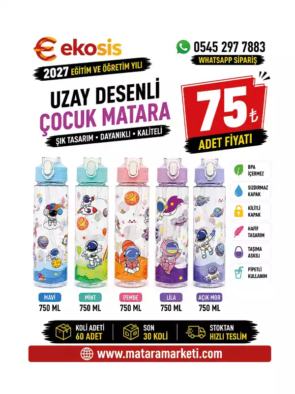 Uzay Desenli Pipetli Çocuk Matarası 750 ML | Askılı BPA Free Suluk