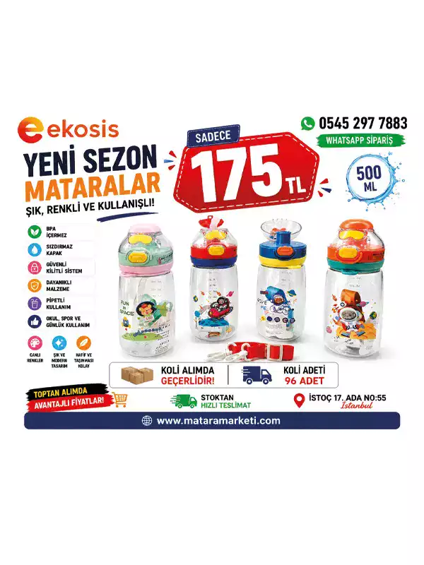 Uzay Temalı Pipetli Çocuk Matarası 500 ML | Askılı BPA Free Suluk